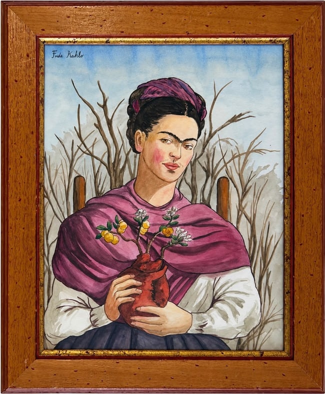 Frida Kahlo Mexican Watercolor on paper painting in the Style of, Dali, Magritte, and Kahlo Period.: Title: Portrait with a Flowering Anatomical Heart Technique: Watercolor on paper Measures: 15 x 12 inches Year: Circa mid-20th century Mexican Modernist period Condition: Good. The watercolor presents
