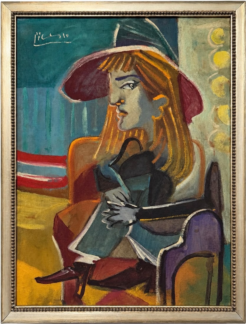 Pablo Picasso Spanish 1881-1973 Oil on Canvas painting in the style of . Dali,Chagall & Picasso Era: Title: Seated Woman with Hat and Handbag Technique: Oil on canvas Measures: 15 x 12 inches Year: Undated Condition: Good overall condition. The painted surface retains strong, saturated coloration wit