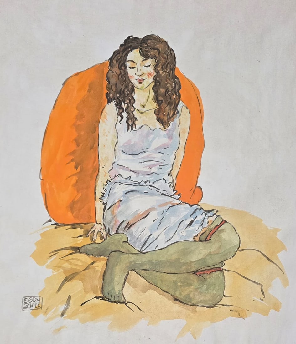 Egon Schiele Austrian 1890-1918 Watercolor on paper painting in the style of ,Klimt ,Kokoschka Era.: Title: Seated Woman with Crossed Legs Technique: Watercolor on paper Measures: 14 x 12 Year: Undated Condition: Good overall condition based on the supplied image. The watercolor retains a varied and 