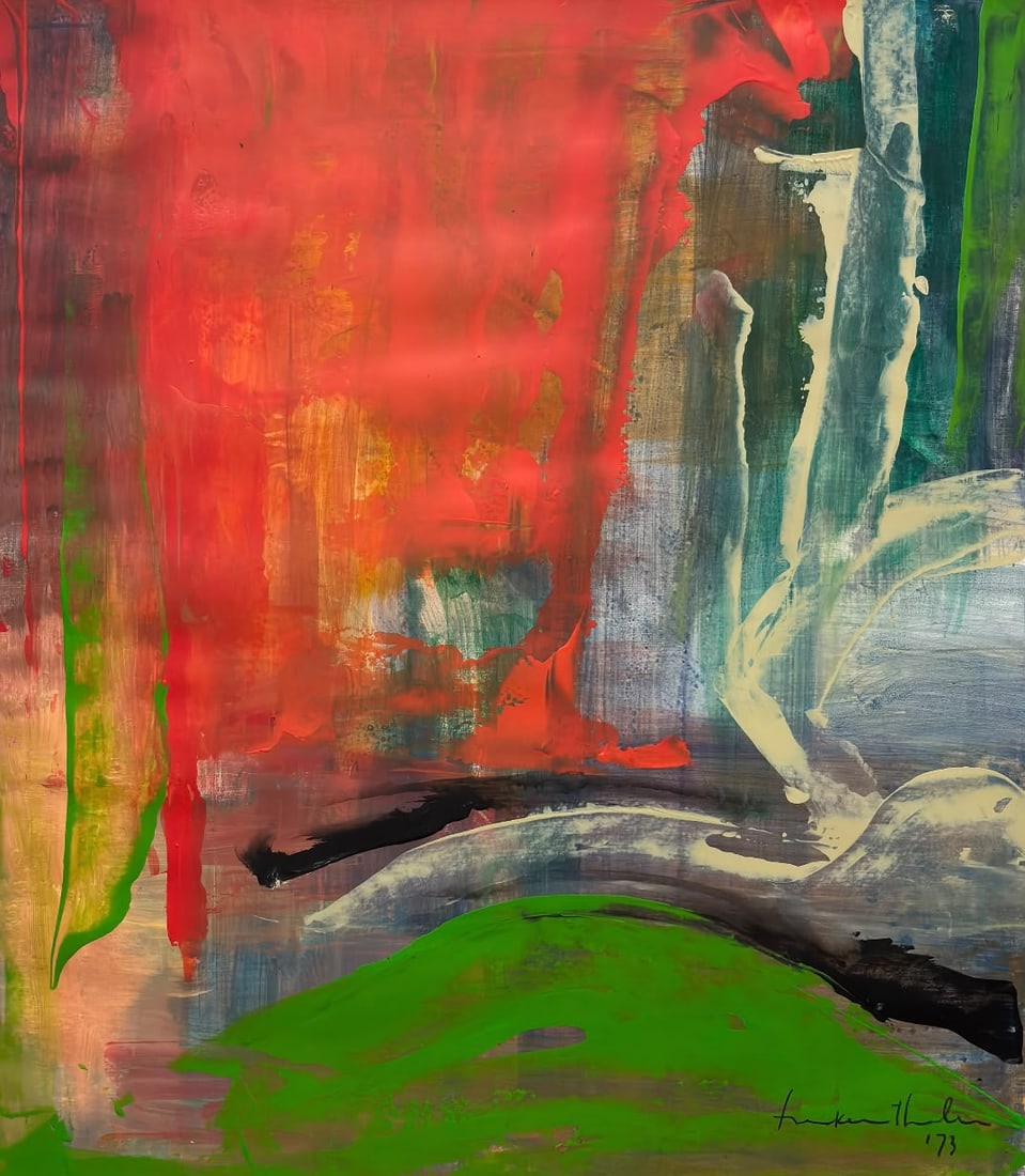 Helen Frankenthaler American 1928-2011 Acrylic on paper painting in the style of Pollock Rothko Era.: Title: Crimson Field with Green Passage Technique: Acrylic on paper Measures: 19 x 17 Year: Undated Condition: Good overall condition based on the supplied image. The composition retains strong, satur