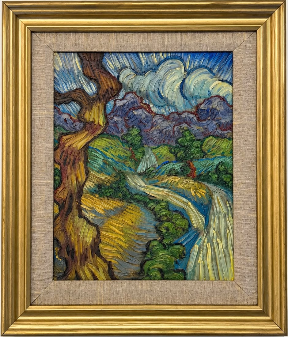 Vincent van Gogh Dutch 1853-1890 Oil on Canvas painting in the style of,Monet,Degas,Era.: Title: Cypress and Winding River Beneath a Turbulent Sky Technique: Oil on canvas Measures: 12 x 10 Year: Undated Condition: Good overall condition based on the supplied image. The painted surface pre