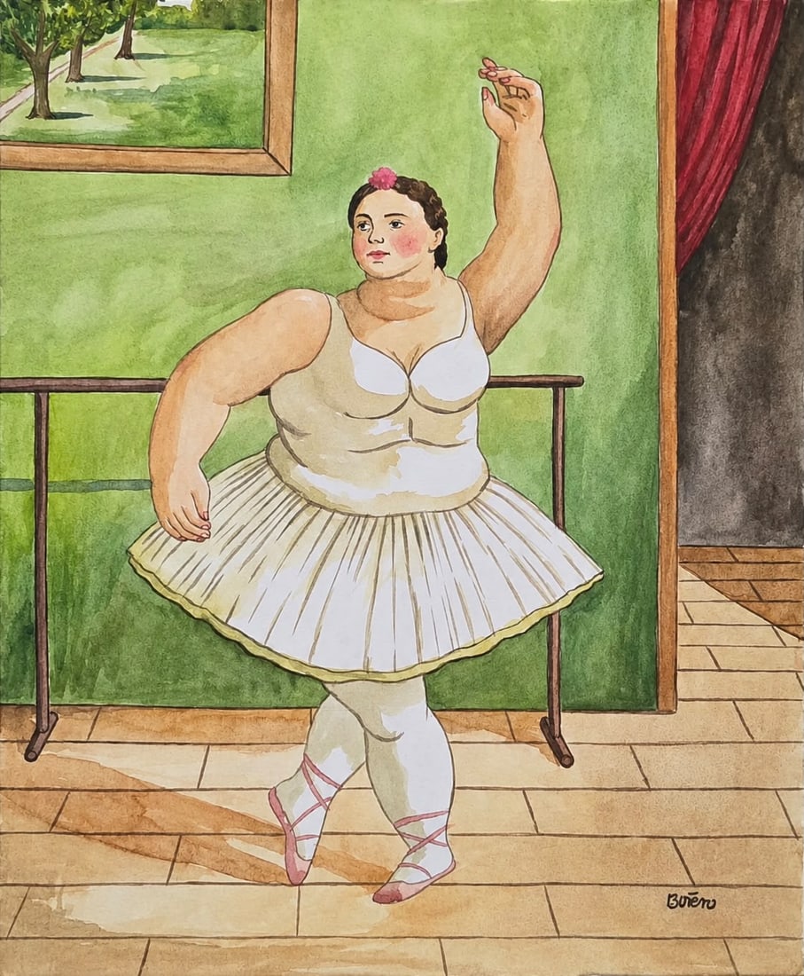 Fernando Botero Colombian 1932-2023 Watercolor on paper painting in the style of RiveraRousseau Era.: Title: Ballerina at the Barre in White Tutu Technique: Watercolor on paper Measures: 15 x 12 Year: Undated Condition: Good overall condition based on the supplied image. The watercolor retains a clear
