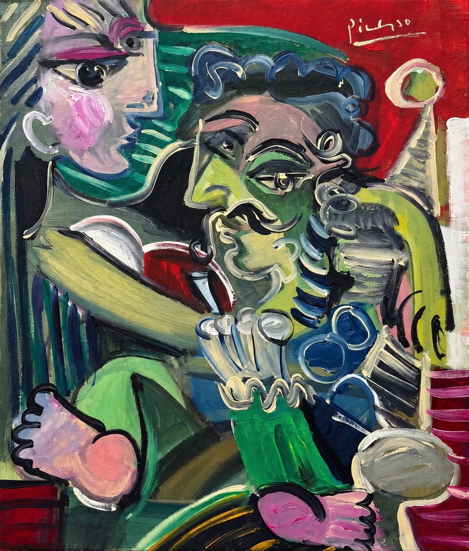 Pablo Picasso Spanish 1881-1973 Oil on Canvas painting in the style of . Dali,Chagall & Picasso Era: Title: Seated Woman with Hat and Handbag Technique: Oil on canvas Measures: 15 x 12 Year: Undated Condition: Good overall condition based on the supplied image. The painted surface presents strong, cl