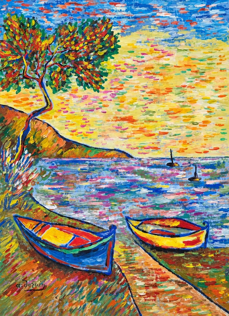André Derain French 1880-1954 Watercolor on paper painting in the style of ,Matisse ,Vlaminck Era.: Title: Boats Beneath a Radiant Mediterranean Sky Technique: Watercolor on paper Measures: 16 x 12 Year: Undated Condition: Good overall condition based on the supplied image. The composition presents 