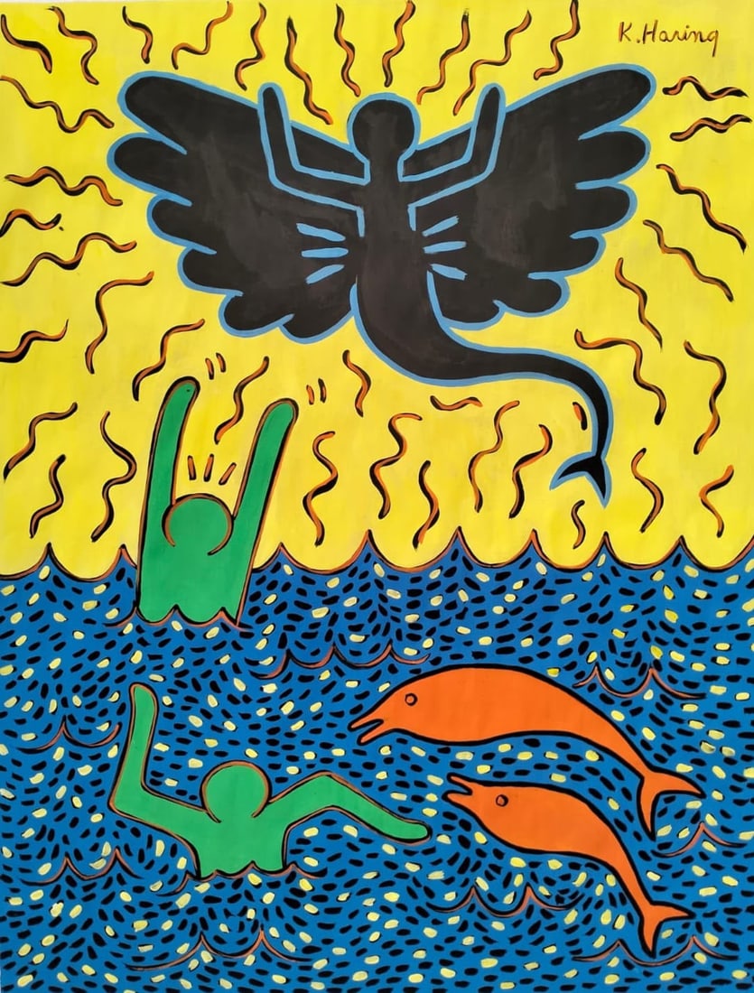 Keith Haring American 1958–1990 Gouache on paper PaintingComposition in the Style of, Basquiat. (1 of 5)