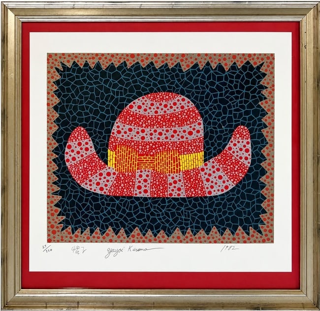 Yayoi Kusama Japanese Born 1929 Pumpkin Lithograph in the style of ,Haring ,Warhol Era.: Title: Red Spotted Form against a Blue Webbed Ground Technique: Lithograph Measures: 14 x 15 inches Year: Dated 1982 Condition: Good. The lithograph presents vivid coloration, crisp printed details, a
