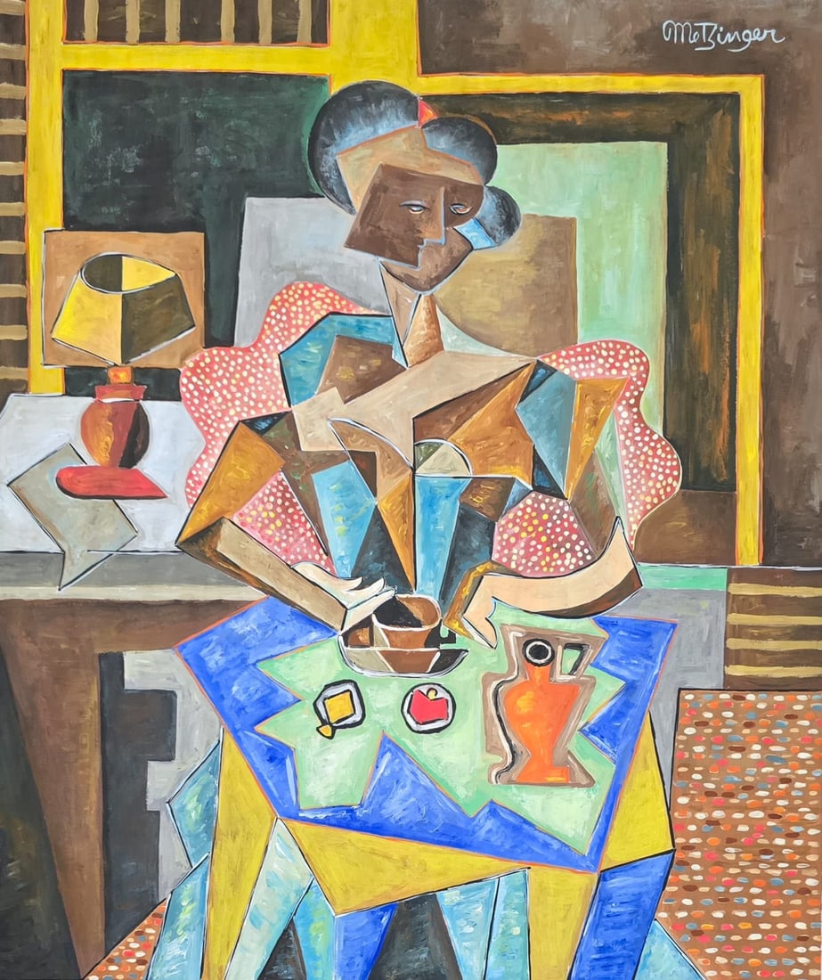 Jean Metzinger French 1883-1956 Gouache on paper painting in the style of ,Picasso ,Braque Era.: Title: Cubist Woman at a Table with Tea Service Technique: Gouache on paper Measures: 15 x 13 Year: Undated Condition: Good overall condition based on the supplied image. The painted surface retains a