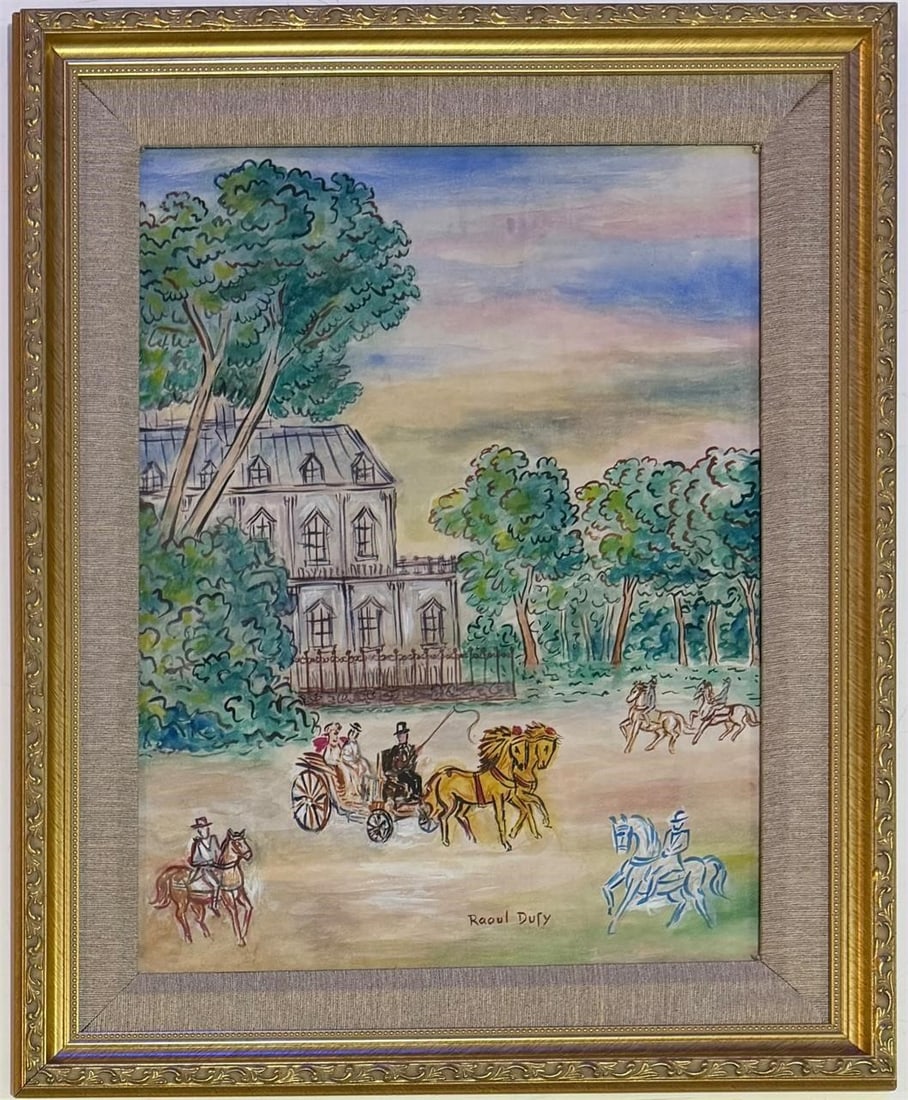 Raoul Dufy French 1877-1953 Watercolor on paper painting in the style of ,Matisse ,Cezanne Era.: Title: Carriages in the Park Technique: Watercolor on paper Measures: 20 x 16 inches (50.8 x 40.6 cm) Year: Undated Condition: Good condition. The sheet presents delicate watercolor washes with clearl