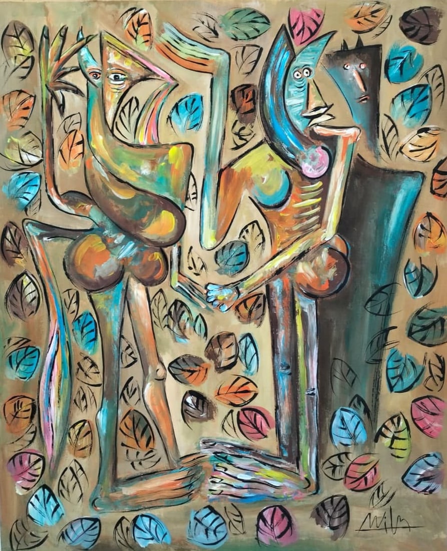 Wifredo Lam Cuban 1902-1982 Gouache on paper painting in the style of ,Picasso ,Miro Era.: Title: Figures Among Falling Leaves Technique: Gouache on paper Measures: 15 x 12 Year: Undated Condition: Good overall condition based on the supplied image. The composition retains strong color and 