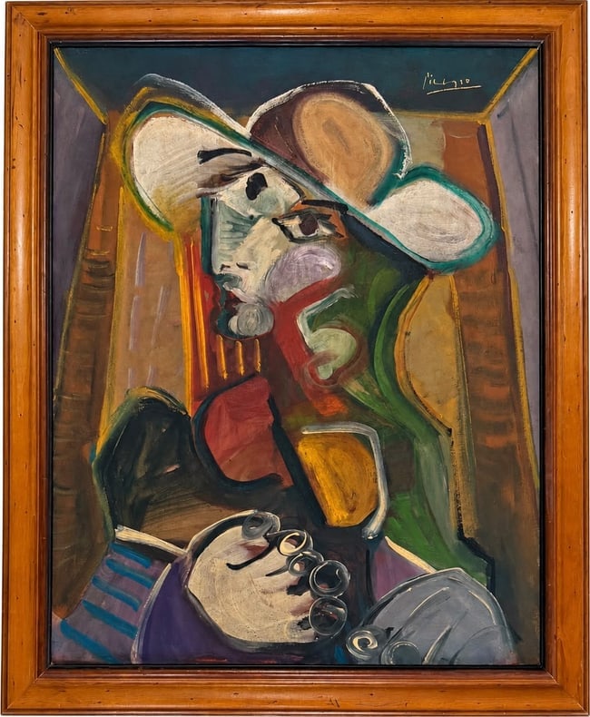 Pablo Picasso Spanish 1881-1973 Oil on Canvas painting in the style of . Dali,Chagall & Picasso Era: Title: Cubist Portrait of a Seated Woman in a Wide-Brimmed Hat Technique: Oil on canvas Measures: 20 x 16 inches Year: Circa mid-20th century Condition: Good. The painting presents vivid coloration, e