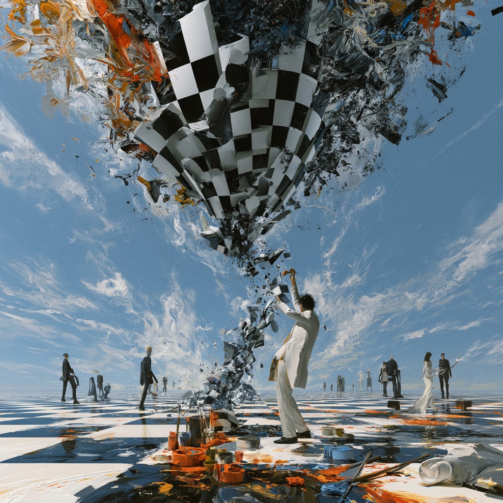 THE COLLAPSE OF ORDER. Unique 1/1 Contemporary Work. By IAAG Artists Group.: Title: The Collapse of Order Artist: IAAG Artists Group Technique: Artist-directed digital composition incorporating generative technologies; acrylic print on panel Measures: 20 × 20 inches (51 × 51