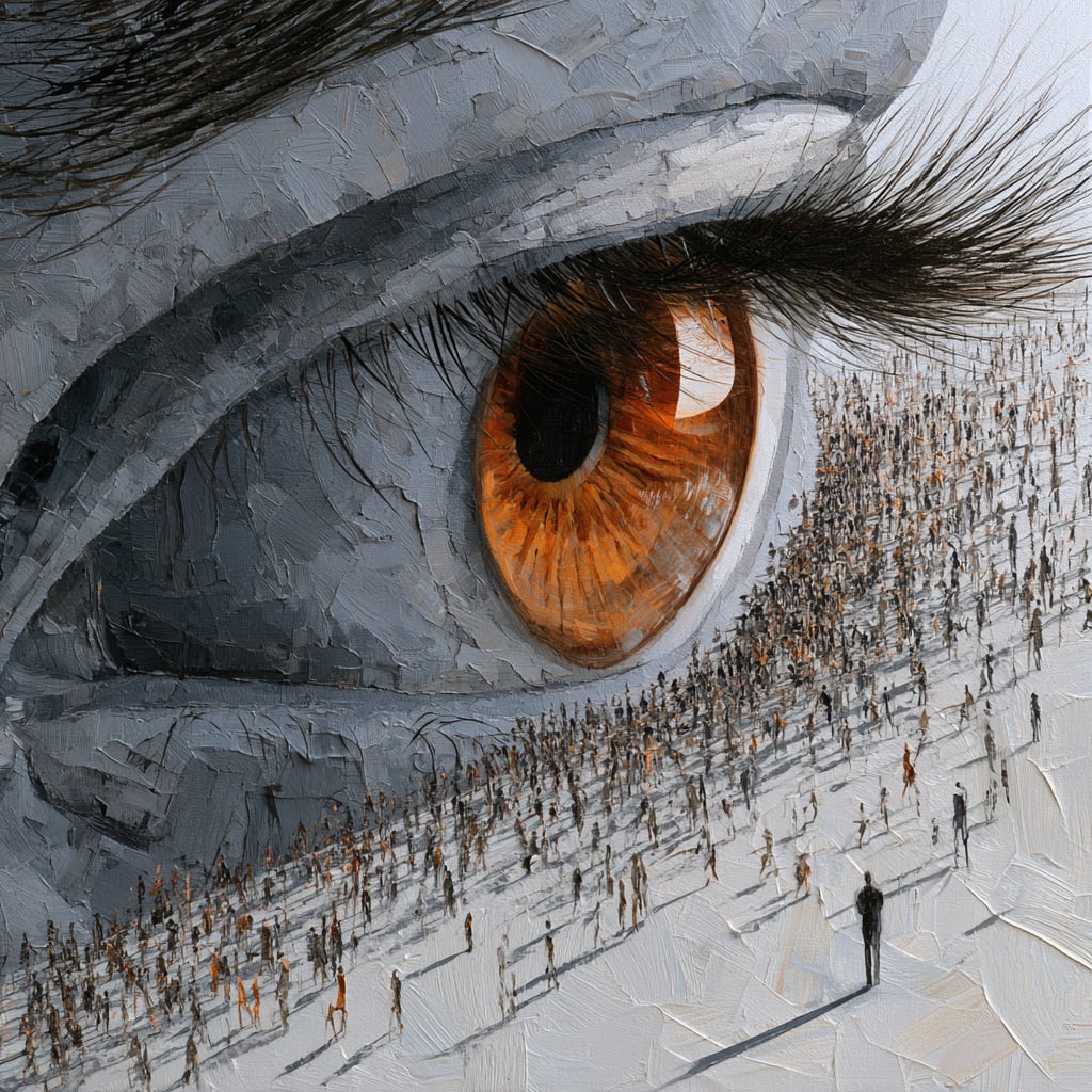 THE GAZE OF MANY. Unique 1/1 Contemporary Work. By IAAG Artists Group.: Title: The Gaze of Many Artist: IAAG Artists Group Technique: Artist-directed digital composition incorporating generative technologies; acrylic print on panel Measures: 20 × 20 inches (51 × 51 cm) 