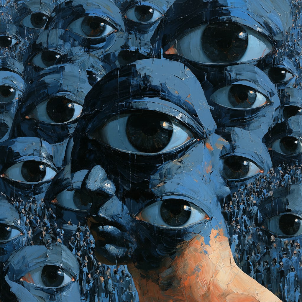 THE AGE OF OBSERVATION. Unique 1/1 Contemporary Work. By IAAG Artists Group.: Title: The Age of Observation Artist: IAAG Artists Group Technique: Artist-directed digital composition incorporating generative technologies; acrylic print on panel Measures: 20 × 20 inches (51 × 5