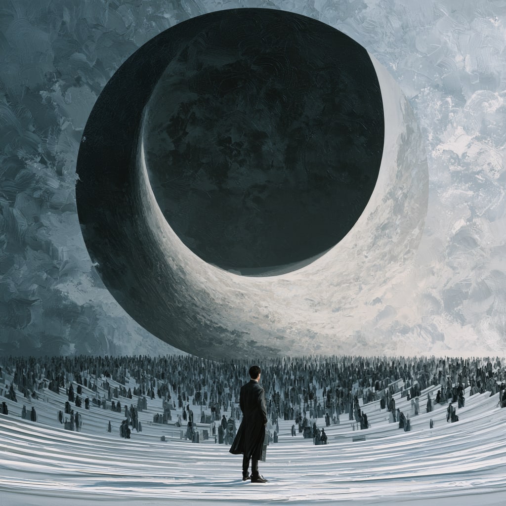 THE ECLIPSE OF THE MANY. Unique 1/1 Contemporary Work. By IAAG Artists Group.: Title: The Eclipse of the Many Artist: IAAG Artists Group Technique: Artist-directed digital composition incorporating generative technologies; acrylic print on panel Measures: 20 × 20 inches (51 × 