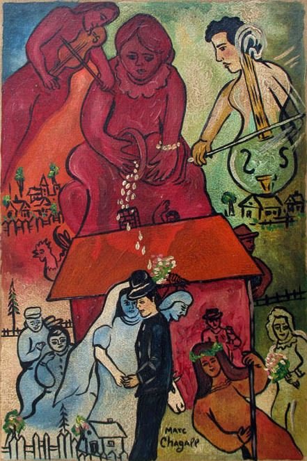 Marc Chagall Oil gouache on heavy cardboard: Oil gouache on heavy cardboard 16 1/2 x 11 inch.Private collection.Marc Zakharovich Chagall (/ʃəˈɡɑːl/ shə-gahl;[3][nb 1] 6 July [O.S. 24 June] 1887 – 28 March 198