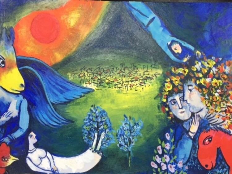 Gouache on board Painting: In the style of Marc Chagall (gouache on board) 12 x 9"Marc Zakharovich Chagall 6 July [O.S. 24 June] 1887 – 28 March 1985) was a Russian-French artist.[1] An early modernist, he was associated with