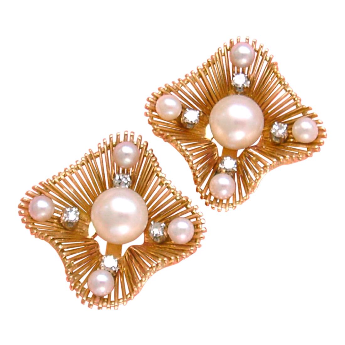 Vintage 18K Gold Diamond Pearl Cocktail Clip Earrings (1 of 10)