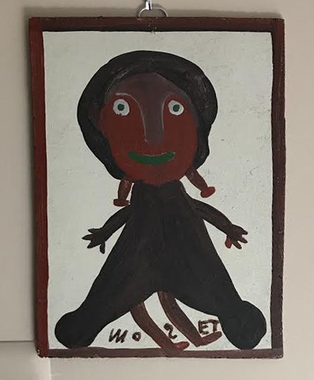 Dancin' Lady by Mose Tolliver: Item: Dancin' Lady, 1983, by Mose Tolliver Date: 1983 Size: 8 x 11.25 in. Enamel on panel Please note that this lot has a confidential reserve. When you leave a bid in advance of the auction, submit y