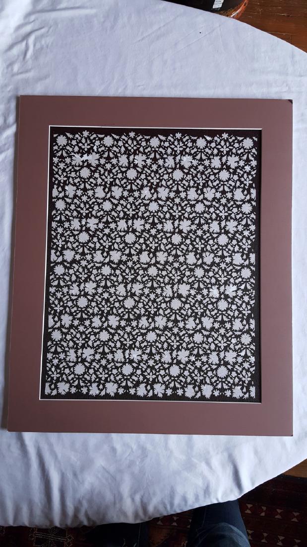 Katazomi Edo Period Mulberry Leaf Screen: Katzomi stencil- late Edo period (1850's) Mulberry leaf screen - hand cut. Matted. Used in Yuzen stencil dye resist for surface pattern on kimono. Please note that this lot has a confidential reserve.