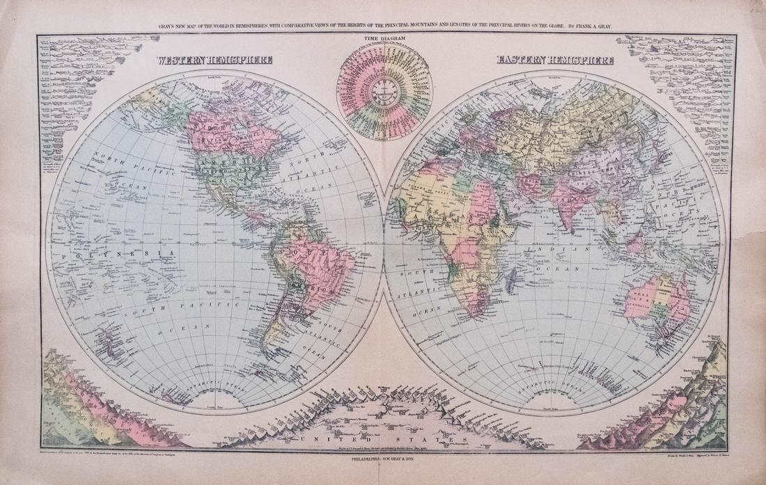 Gray Double Hemisphere World Map,1879 (1 of 1)