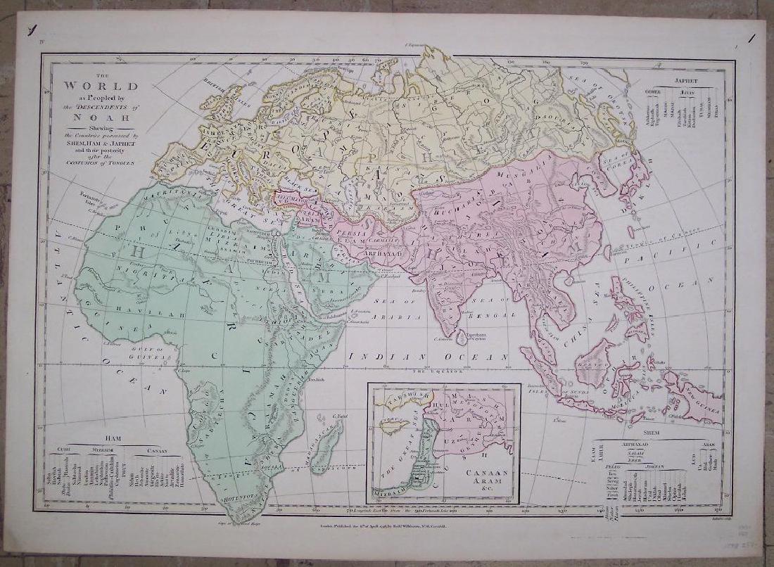 Map of the World,y The Descendents of Noah: Map of World As Peopled by The Descendents of Noah. ROBT. WILKINSON, BOURNE, E. sculp., 1806, Quarto - 11.30 H x 17.00 W Inches, "shewing the countries possessed by Shem, Ham & Japhet and their poster