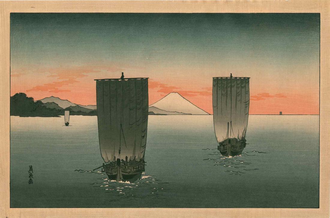 Eisen Keisai: Fishing Boats Off Mt. Fuji: Artist: Eisen Keisai Title: Fishing Boats Off Mt. Fuji Size: 15 x 10 inches 1930s, published by Nishinomiya Medium: Japanese woodblock print Please note that this lot has a confidential reserve. When 