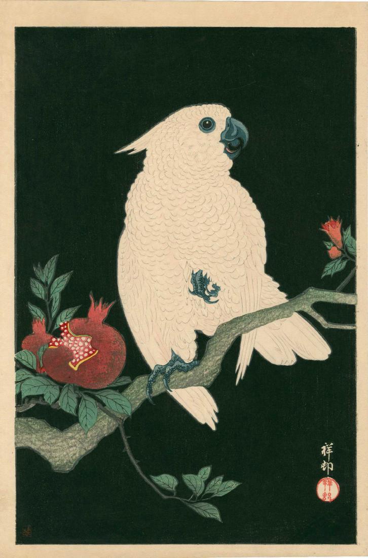 Ohara Koson: Cockatoo on a Pomegranate Branch: Artist: Ohara Koson Title: Cockatoo on a Pomegranate Branch Size: 10.25 x 15.4 inches 1930's, Watanabe with publisher's "M" seal signifying that it was presented as a gift from the publisher Medium: J