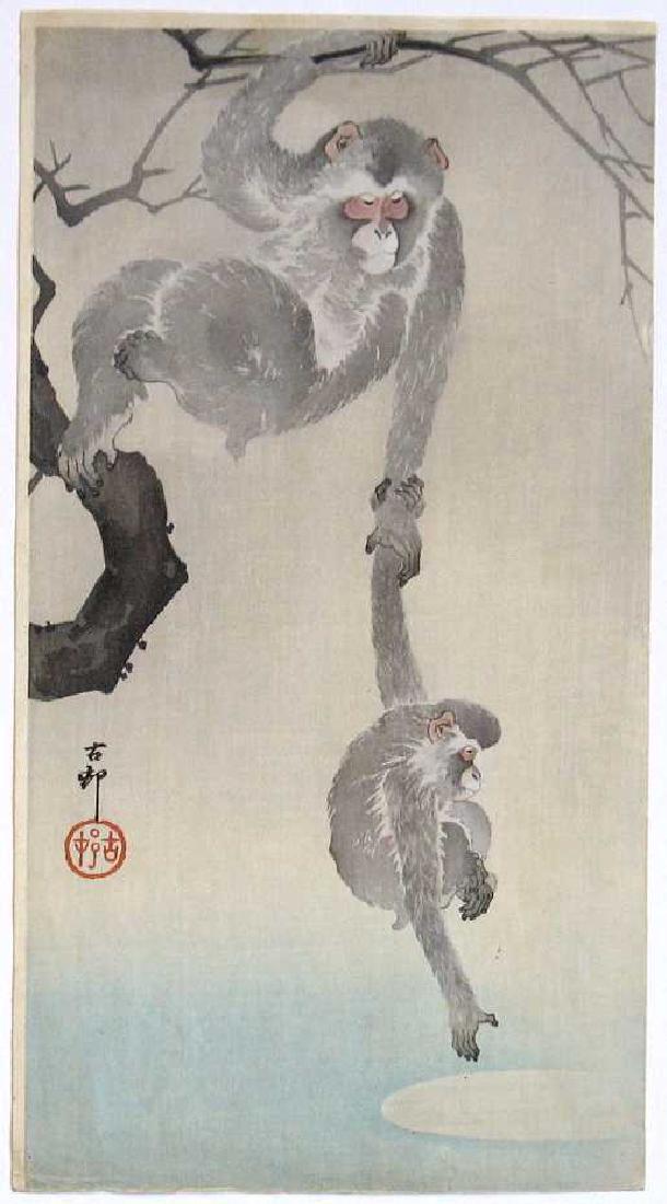 Ohara Koson: Monkey & Baby Reaching Moon+Bonus Print: Artist: Ohara Koson Title: Monkey and Baby Reaching for the Moon Size: 7 3/8 x 13 5/8 ("tanzaku") inches c1910-23 (Pre-1923 earthquake) Medium: Japanese woodblock print Publisher: Daikoku-ya (Tokyo pu