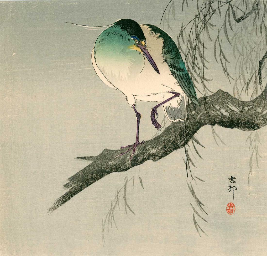 Ohara Koson: Night Heron in a Willow Tree: Artist: Koson Ohara Title: Night Heron in a Willow Tree Size: 9.75 x 9.2 inches 1920s published by Daikokuya, signed and sealed Koson Medium: Japanese woodblock print Please note that this lot has a c
