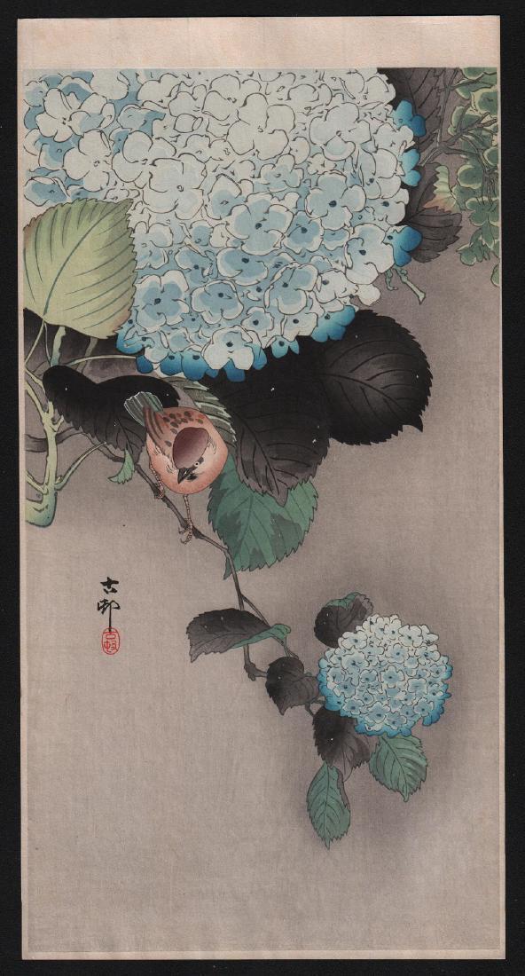 Ohara Koson: Sparrow on Hydrangea: Artist: Ohara Koson Subject: Sparrow on Hydrangea Date: c.1910’s Size: Measures 7.5 x 14.5 inches Medium: Japanese woodblock print Please note that this lot has a confidential reserve. When you leav