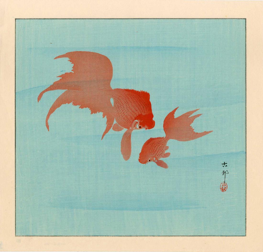 Ohara Koson: Two Goldfish: Artist: Koson Ohara Title: Two Goldfish Size: 11.4 x 10.9 inches 1930s published by Kawaguchi, signed and sealed Koson Medium: Japanese woodblock print Please note that this lot has a confidential res