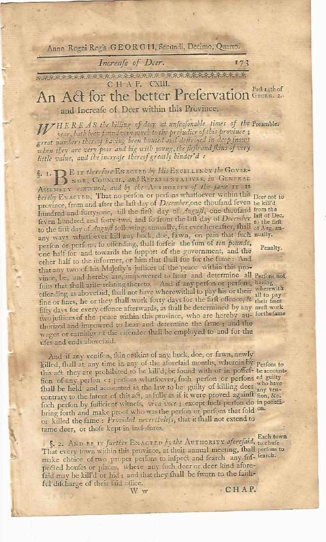 1771 Colonial Act Preservation of Deer Hunting (1 of 2)
