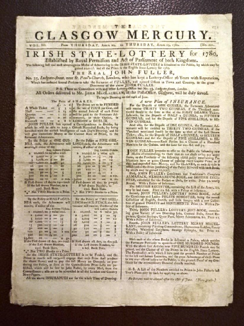 1789 The Glasgow Mercury Revolutionary War: “The Glasgow Mercury”, newspaper for April 20-27, 1780, printed at Glasgow printed by Chapman and Douglas, eight pages. American revolution news and musch else. Fine including red tax stamp. Measu
