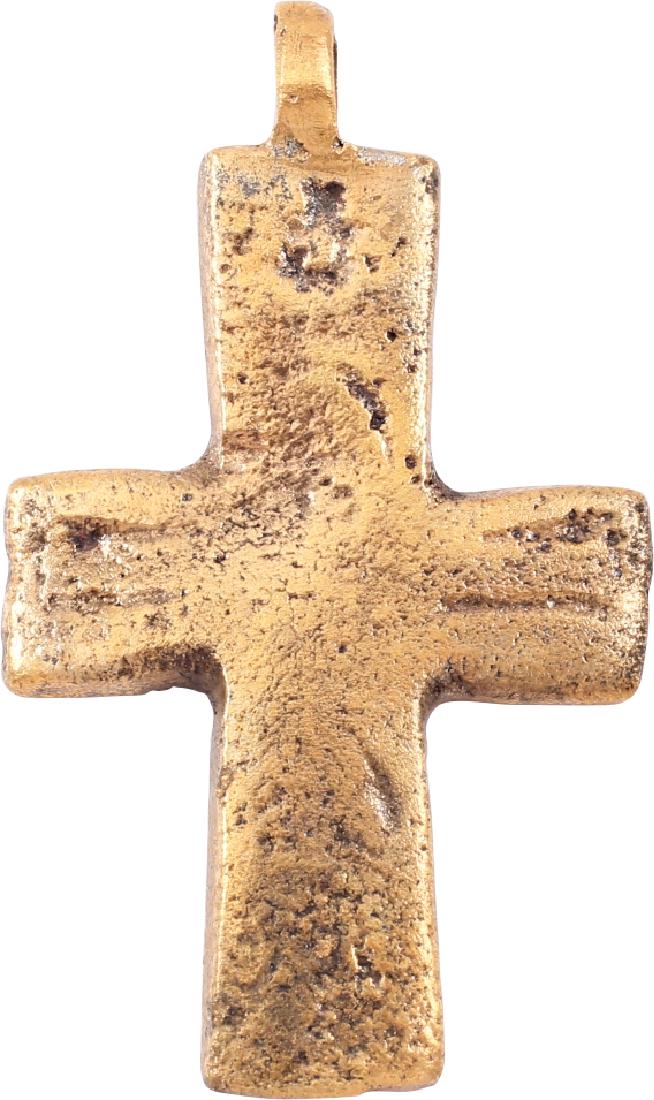 Byzantine Pilgrim's Reliquary Cross C.600-900 AD: Gilt bronze. Just under 1 1/2” height symmetrical, with remnants of the Corpus Christi. Reverse depressed for inclusion of a holy relic. Professionally refurbished with gold surface restored. All it