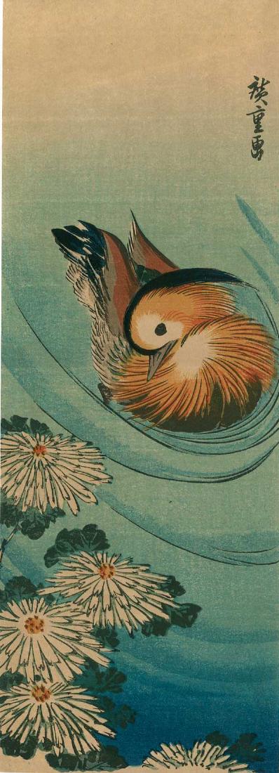 Ando Hiroshige: Chrysanthemums and Mandarin Duck: Artist: Hiroshige Title: Chrysanthemums and Mandarin Duck Size: 4.2 x 11.2 inches 1920s published by Hasegawa-Nishinomiya; listed as #639 in 1930 Hasegawa catalog Medium: Japanese woodblock print Plea