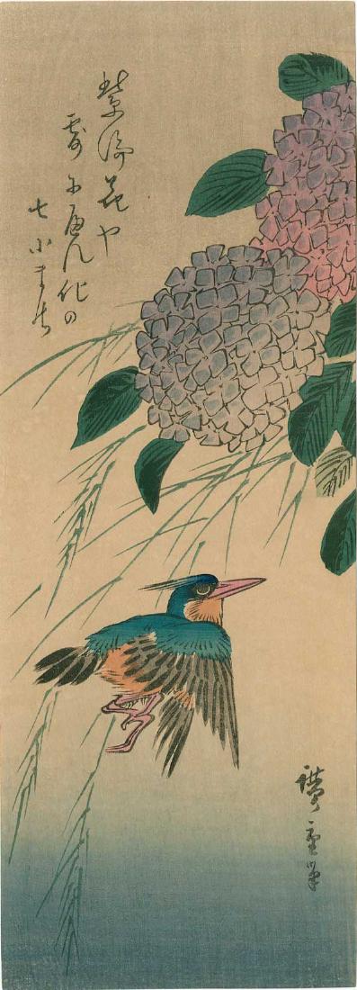 Ando Hiroshige: Hydrangea and Kingfisher: Artist: Hiroshige Title: Hydrangea and Kingfisher Size: 4.2 x 11.2 inches 1920s published by Hasegawa-Nishinomiya; listed as #642 in 1930 Hasegawa catalog Medium: Japanese woodblock print Please note 