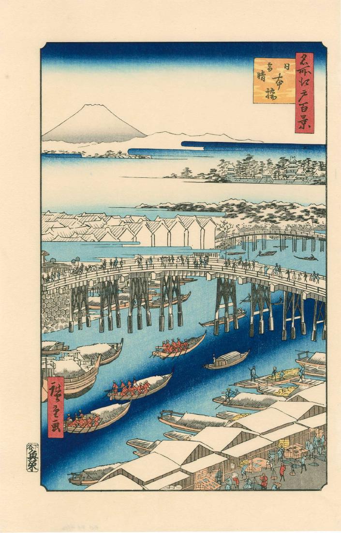 Ando Hiroshige: Nihonbashi, Clearing After Snow: Artist: Hiroshige Title: Nihonbashi, Clearing After Snow Size: 10.2 x 15.75 inches Showa era edition published from re-carved blocks Medium: Japanese woodblock print Please note that this lot has a co