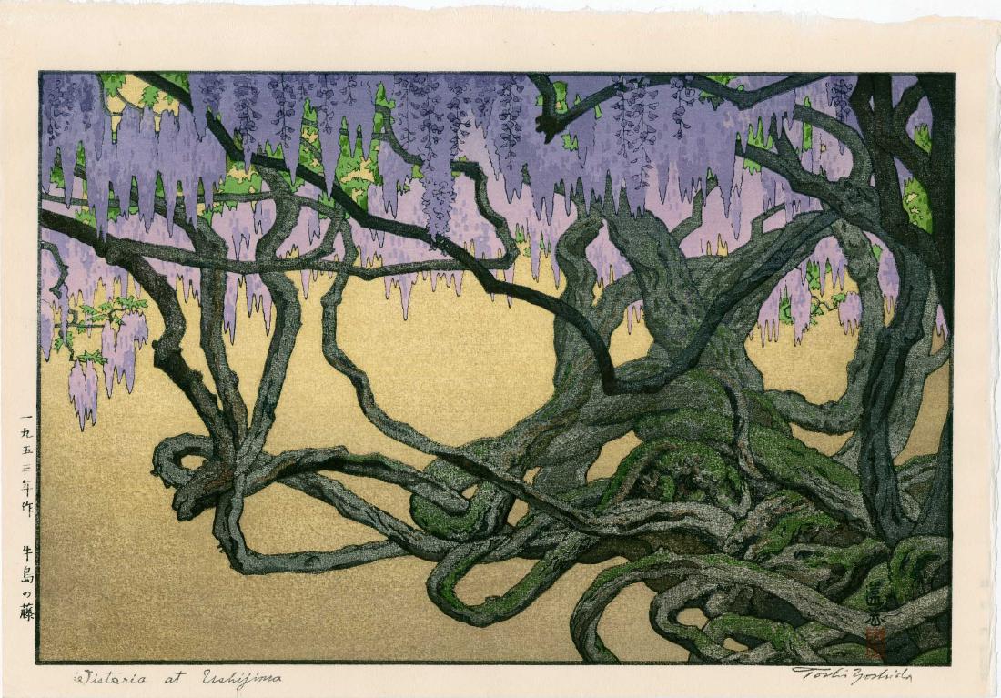 Yoshida Toshi: Wisteria at Ushijima: Artist: Yoshida Toshi Title: Wisteria at Ushijima Size: 16 x 11 inches 1953, auto-zuri edition published by Yoshida Studio from the first edition blocks Medium: Japanese woodblock print Please note th