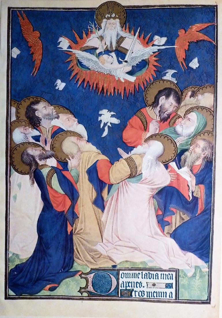 Grande Heures de Rohan - La Pentecote: Item: Grande Heures de Rohan - La Pentecote Size: Approx. 8"x11" mounted on an 11"x15" sheet The Rohan Master. Originally painted 1430. From a 1947 Folio published in Geneva by Skira. No Reserve: This
