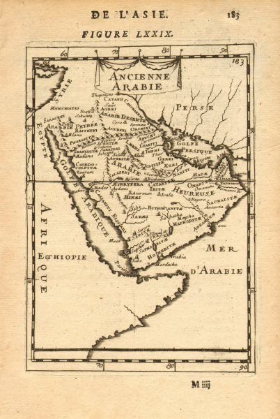 Map of Ancienne Arabie: ANCIENT ARABIA. Saudi UAE Oman Qatar Petra. 'Ancienne Arabie'. MALLET 1683 map Size: Approx Overall page size 13 x 21cm approximately (5 x 8 inches); image size 10.5 x 14.5cm approximately (4 x 5.5 in