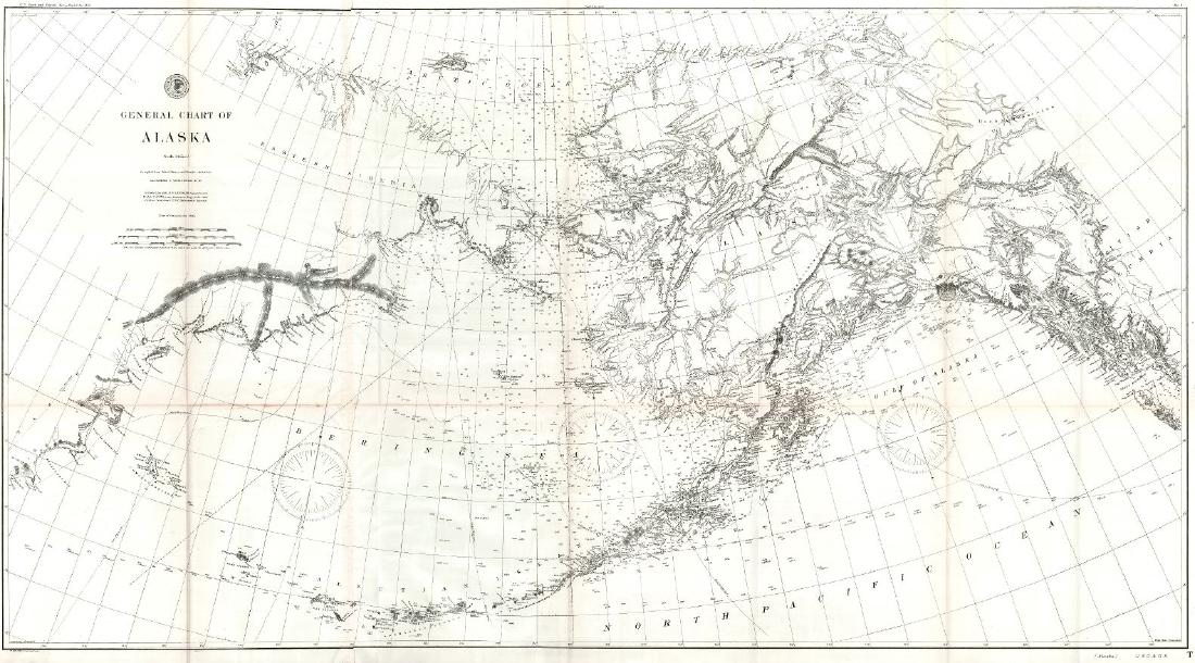 General Chart of Alaska: U.S. C. & G.S., U.S. COAST AND GEODETIC SURVEY, 1895, Wall – 27.25 H x 50.25 W Inches, Two-sheet folding map at the time of the Gold Rush. Size: Wall – 27.25 H x 50.25 W Inches Please note: Item w