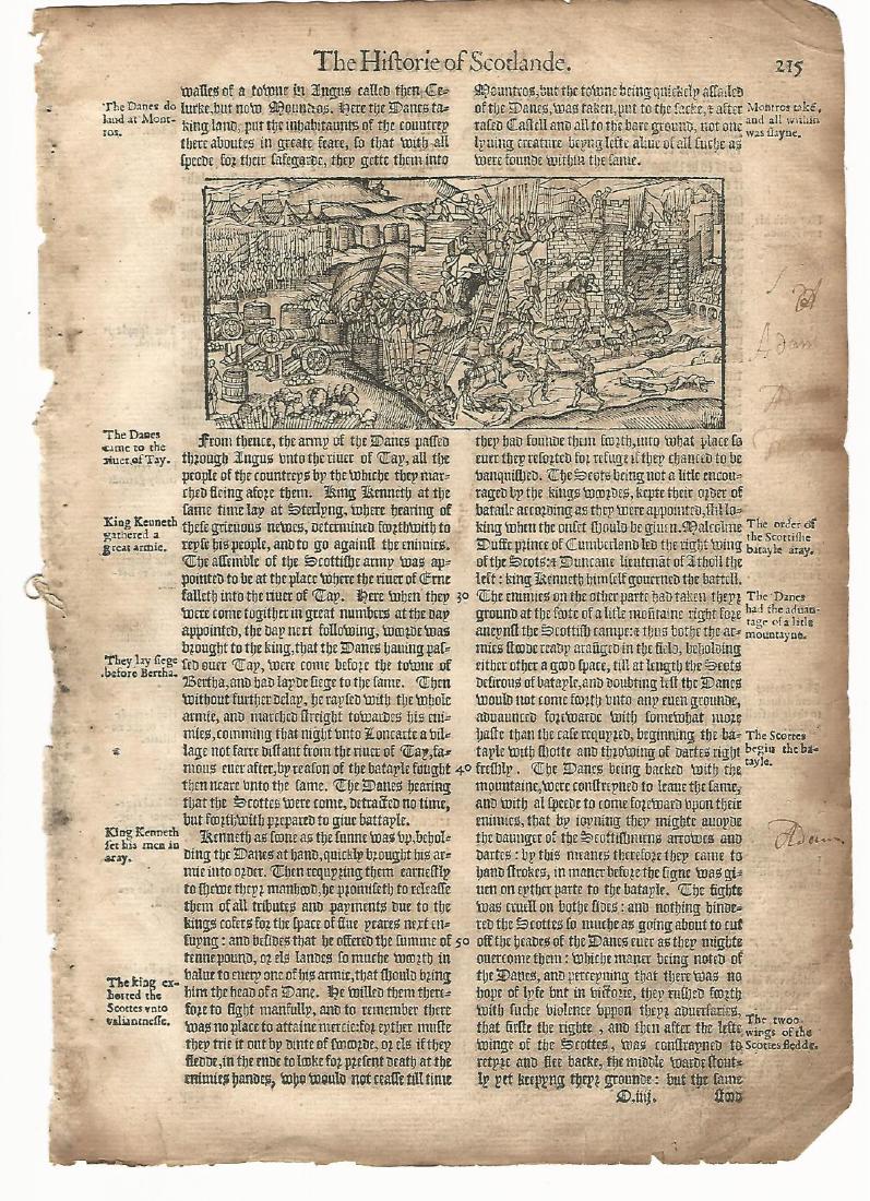 1577 Leaf Holished History, Woodcut of Battle: 1577 Leaf from Holinshed “Historie of Scotlande”, printed at London. This leaf folio 215/216 showing the Danes invading a fortress. Very Good, measures 7.5 x 11”. Please note that this lot has a