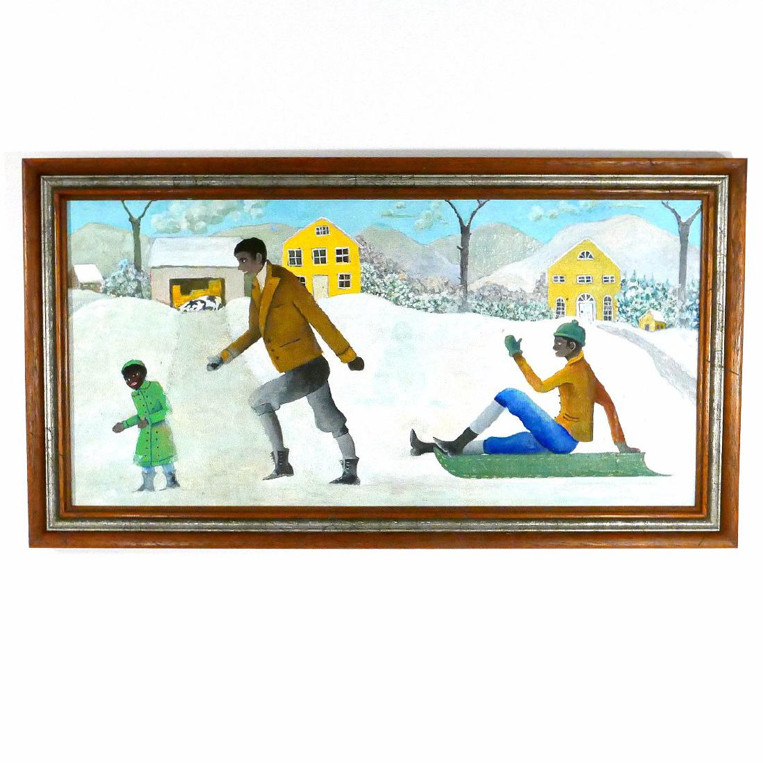 Oil Painting Family Sledding: Item: Oil Painting Family Sledding Date: Circa 1950's Dimensions: Measures 24 x 12. Frame 26.5 x 14.5 Please note that this lot has a confidential reserve. When you leave a bid in advance of the aucti