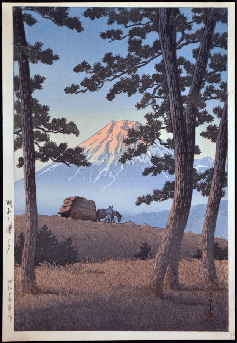 Hasui Kawase: Evening at Taganoura: Haui Kawase. Title: Evening at Taganoura. Series: Selection of Views of the Tokaido. Dimensions: 15.5x10.5 inch paper. Signature & Seals: Hasui signature, Kawase red seal. red Watanabe 6 mm seal botto