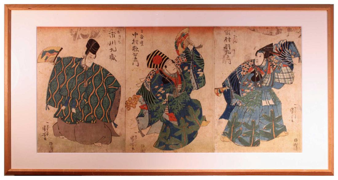 Utagawa Kunisada (Toyokuni III): Three Actors [Framed]: Utagawa Kunisada (Toyokuni III) - Three Actors [Framed]. 1850s original Edo era edition. Frame Size: 36.5 x 18.5 inches Size: 29 x 13.7 inches. Medium: Japanese woodblock print Please note that this l