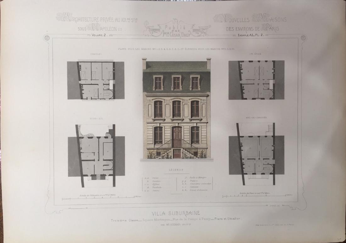 Nouvelles Maisons Des Environs De Paris by Cesar Daly: Item: Nouvelles Maisons Des Environs De Paris by Cesar Daly, steel engraving, circa 1880s Dimensions: 17x12 in Please note that this lot has a confidential reserve. When you leave a bid in advance of