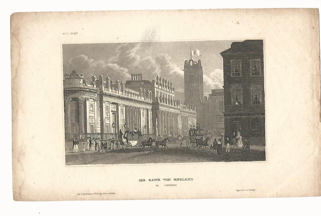 1836 Steel Engraving Bank von England: Item: c1836 Steel Engraving “Die Bank von England”, by Hermann Meyer. Dimensions: 10 x 6”. Please note that this lot has a confidential reserve. When you leave a bid in advance of the auction, s