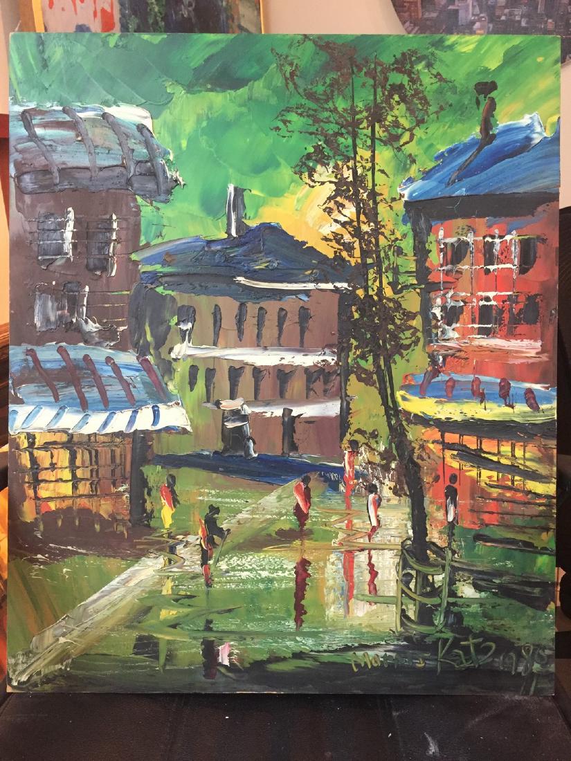 Morris Katz: Street, 1980: Item: Morris Katz painting Origin: Morris Katz Date: 1980 Medium: Oil on board Size: 39 x 24 inches Description: Signed and dated on bottom right Please note that this lot has a confidential reserve. 