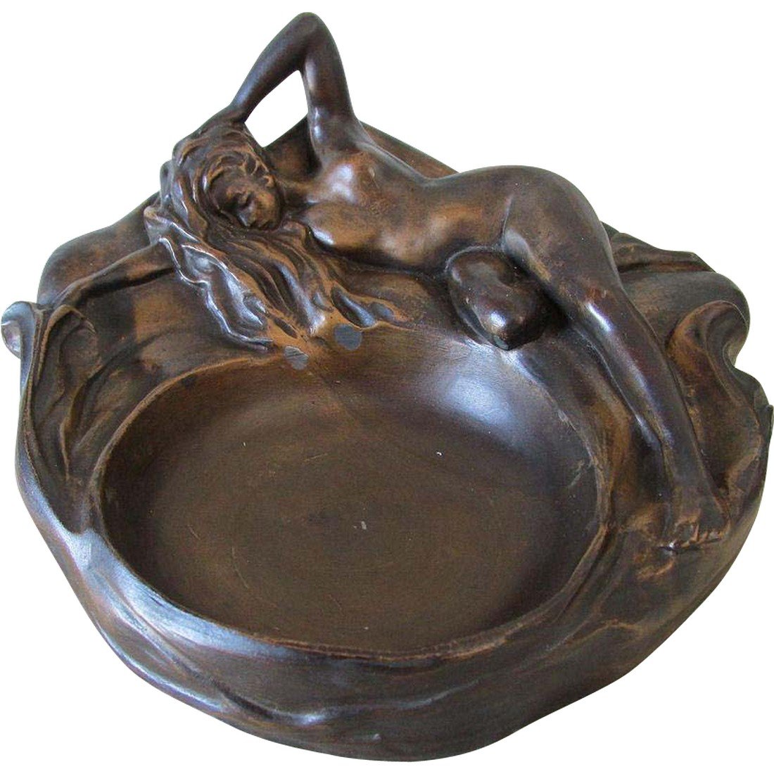 Art Deco Patinated Bronze Tray by Crescentart: Item: Art Deco Patinated Bronze Tray by Crescentart Description: A nice antique Art Deco tray depicting a Nude Lady. The tray is made of spelter metal with a patinated bronze finish and has the origin