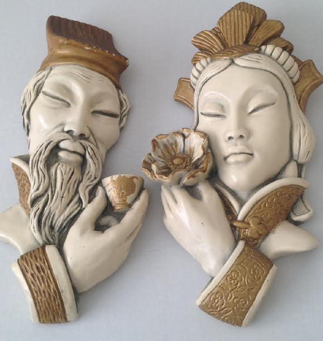 Antique Ceramic Hand Carved Japanese Face Mask Busts (1 of 5)
